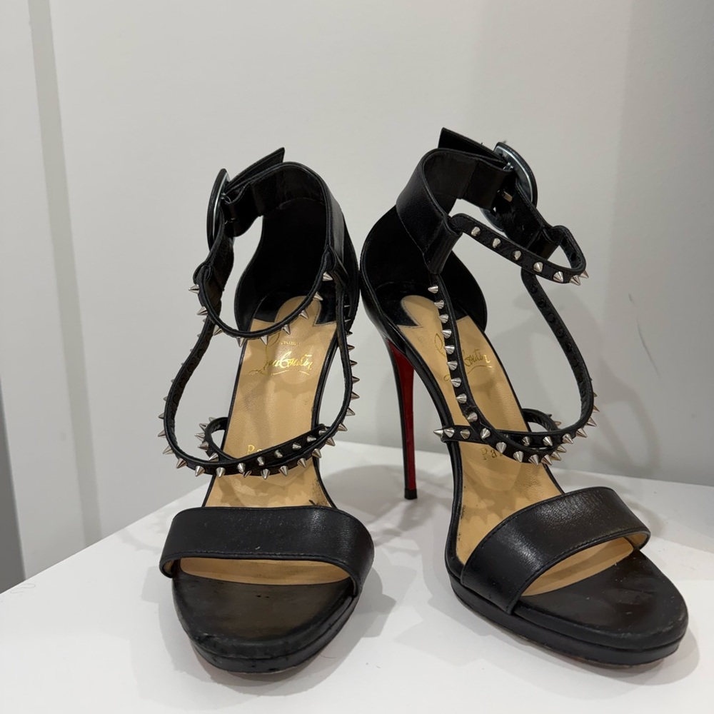 Louboutin Choca Lux 120MM Leather Black Studded High Heel Sandals - Picture 7 of 8
